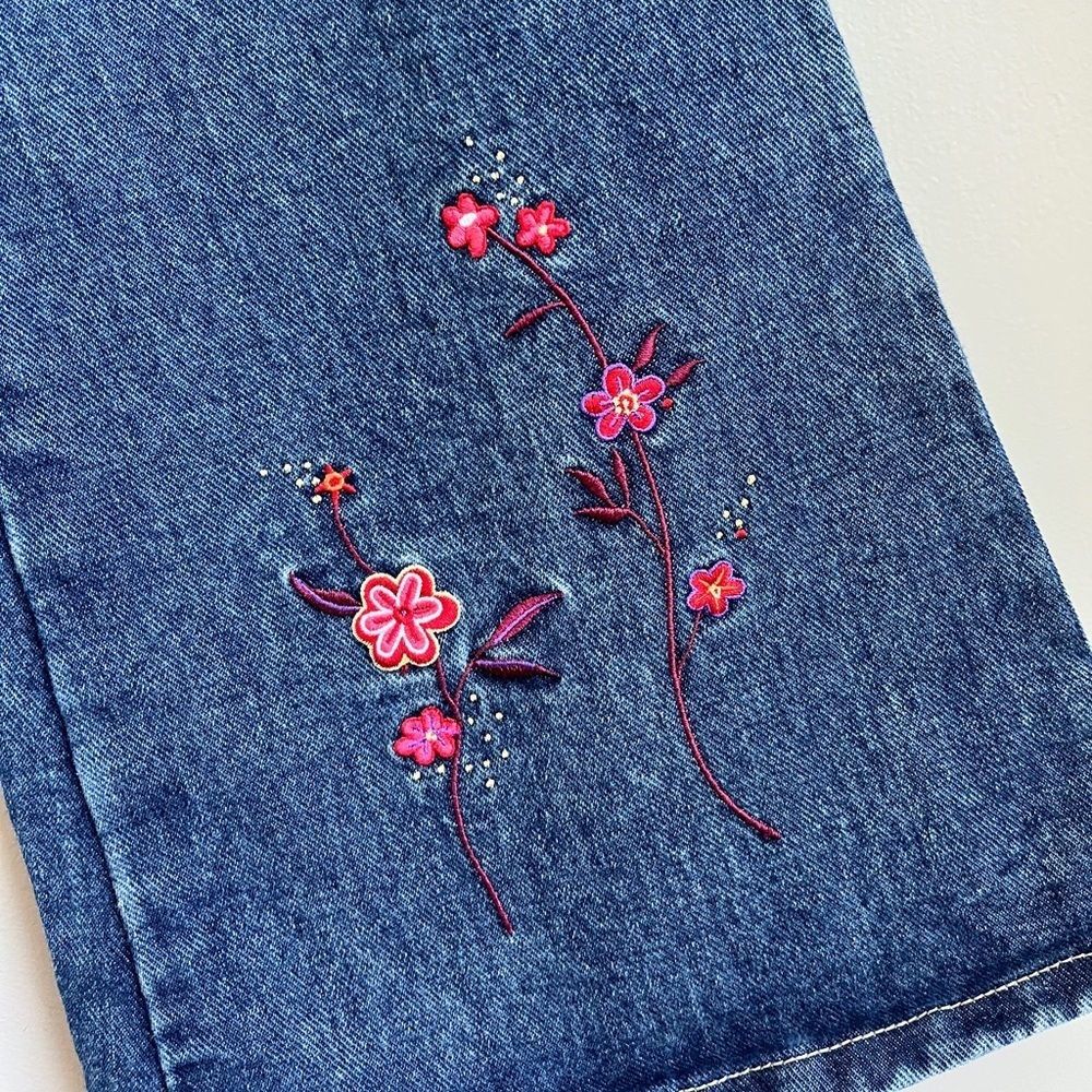 Liquid Y2K Vintage Floral Embroidered Flare Denim Jeans 100% Cotton Sz 9 - Picture 6 of 9